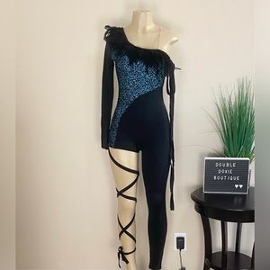 WEISSMAN | Sequined Asymmetric Feather Trim Lace Up Leotard Sz M